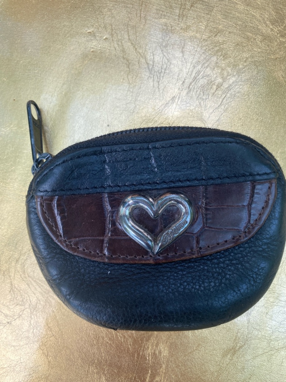 Vintage Brighton Black Leather Coin Pouch with Brown Croc-Trim Heart Accent